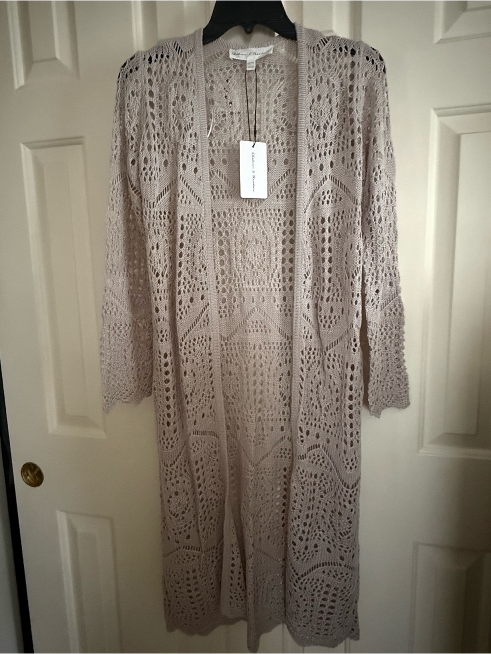 Chelsea & Theodore Taupe Crochet Open-Front Long Cardigan